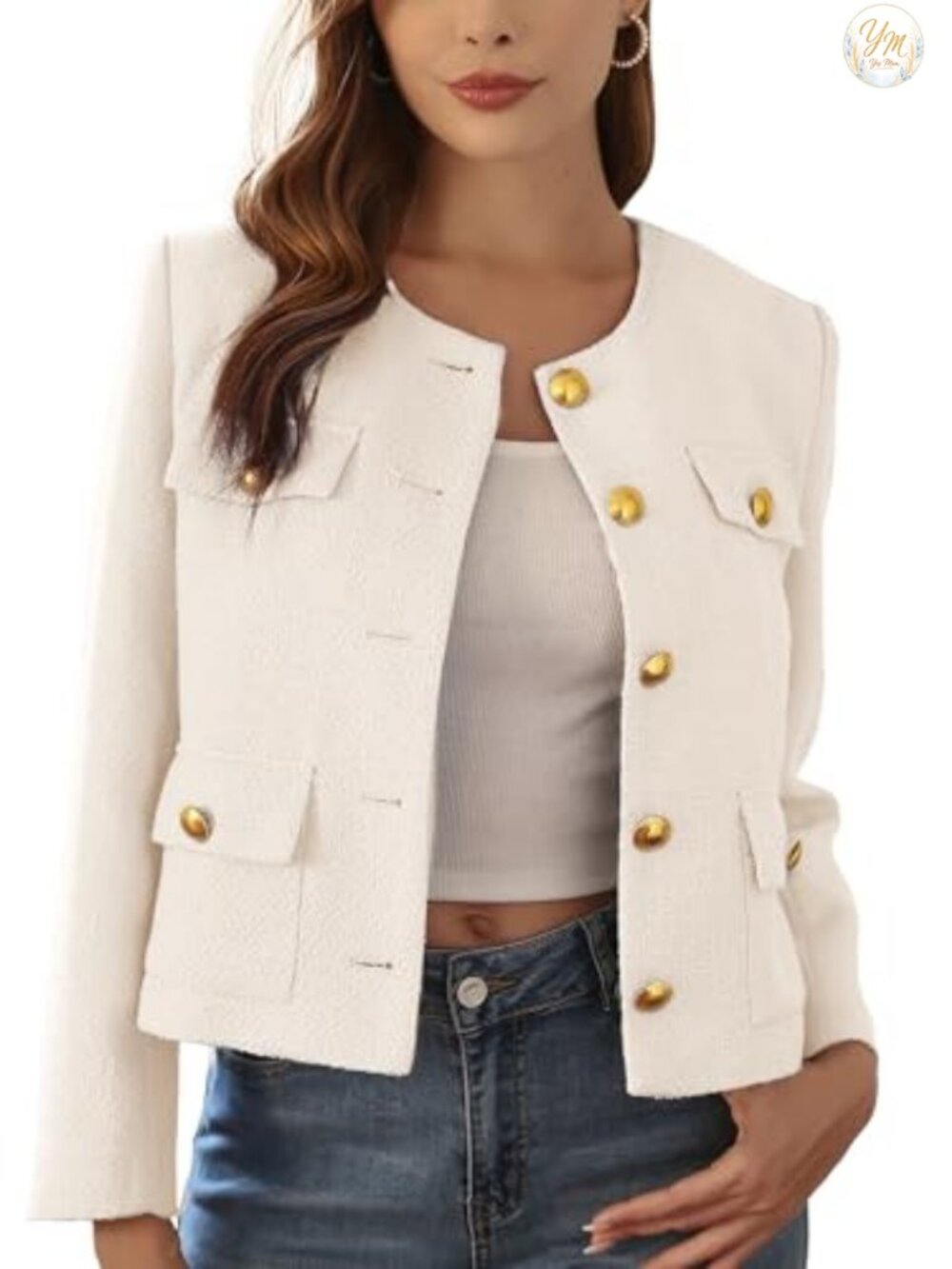 Cropped Tweed Blazer Women Boxy Fit Gold Button Collarless